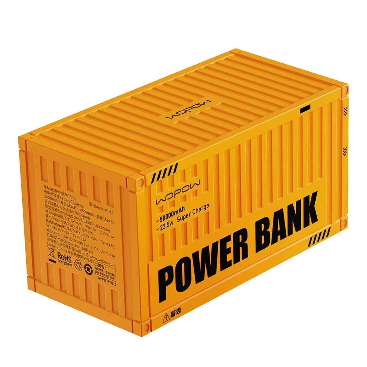 Large 50,000mAh power bank with digital screen and five USB output ports in yellow, black, or silver.