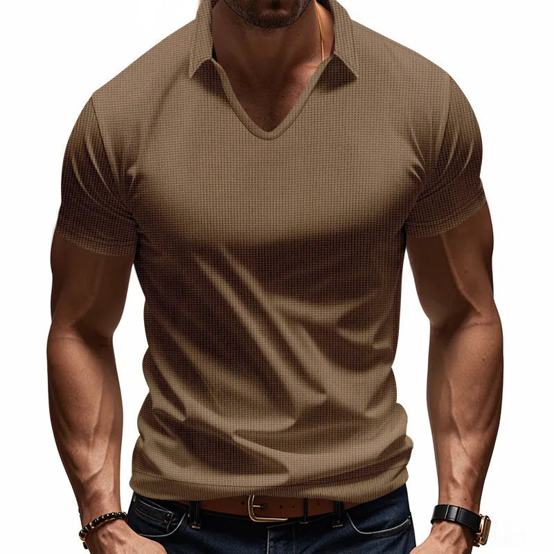 Men's loose fit V-neck short sleeve t-shirt in apricot colour with cotton blend fabric