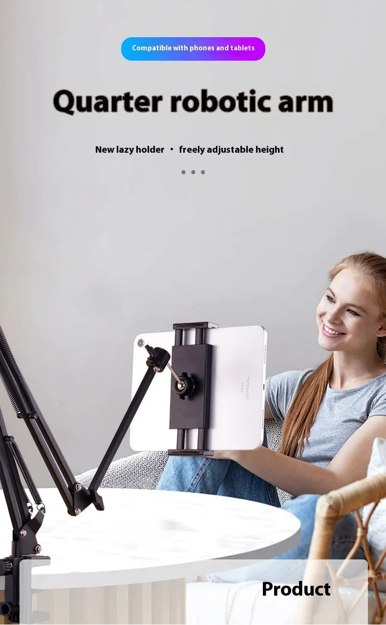 Black foldable metal desktop cantilever bracket holding tablet with adjustable arm