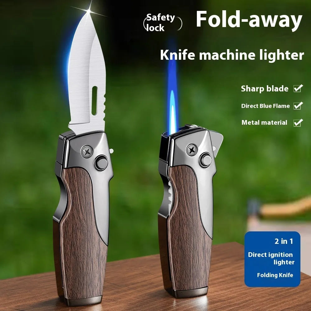 Metal folding knife lighter in camouflage finish showing unfolded blade and jet flame