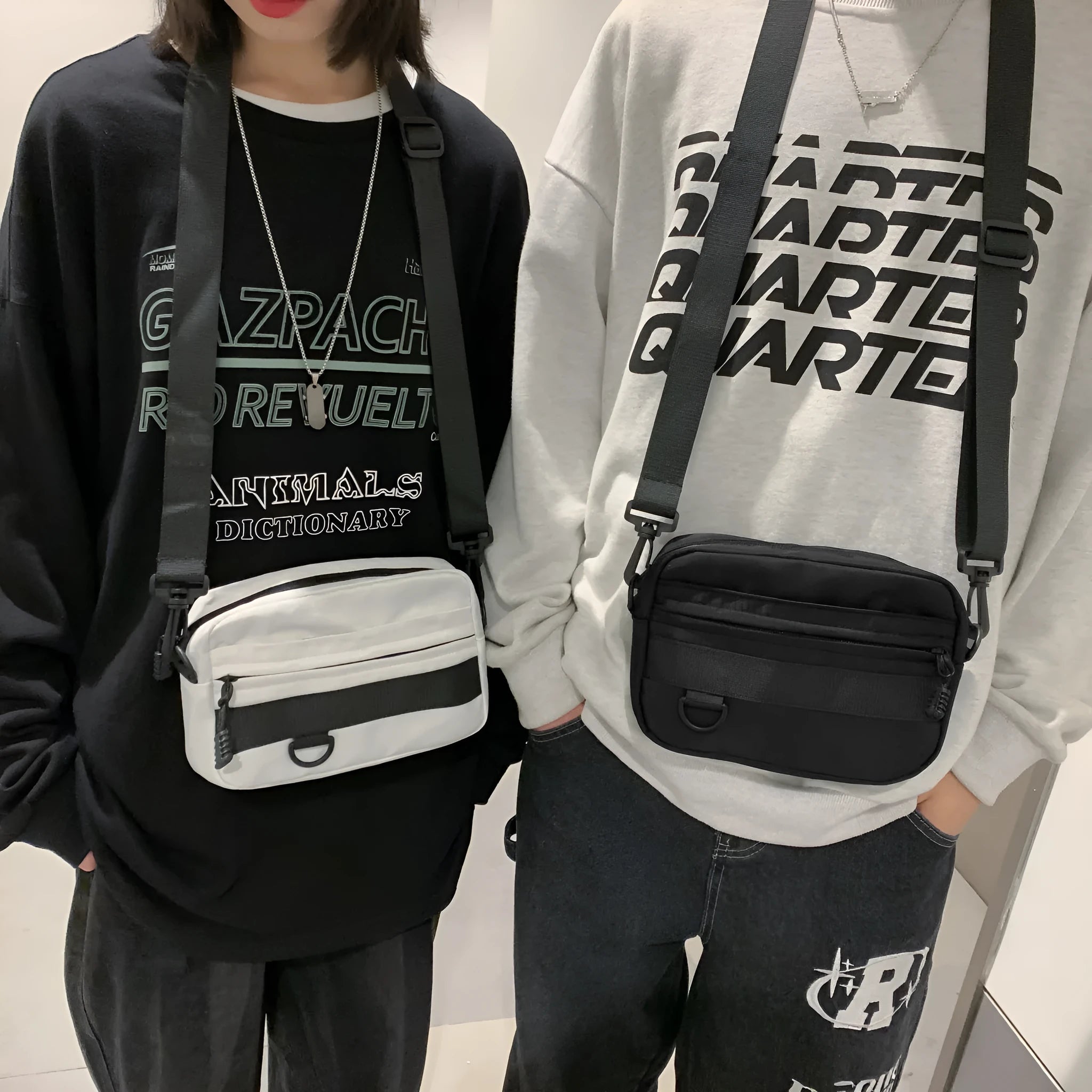 Men's nylon crossbody messenger bag in black, blue, green, or white with 22cm length