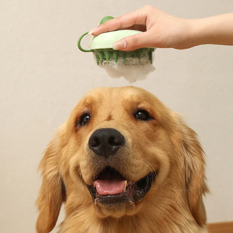 Handheld pet grooming comb with silicone bristles for bath massage and hair removal in dark blue colour