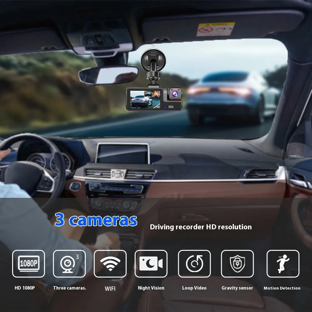 Black WiFi driving recorder with 2-inch screen mounted on a car windscreen.