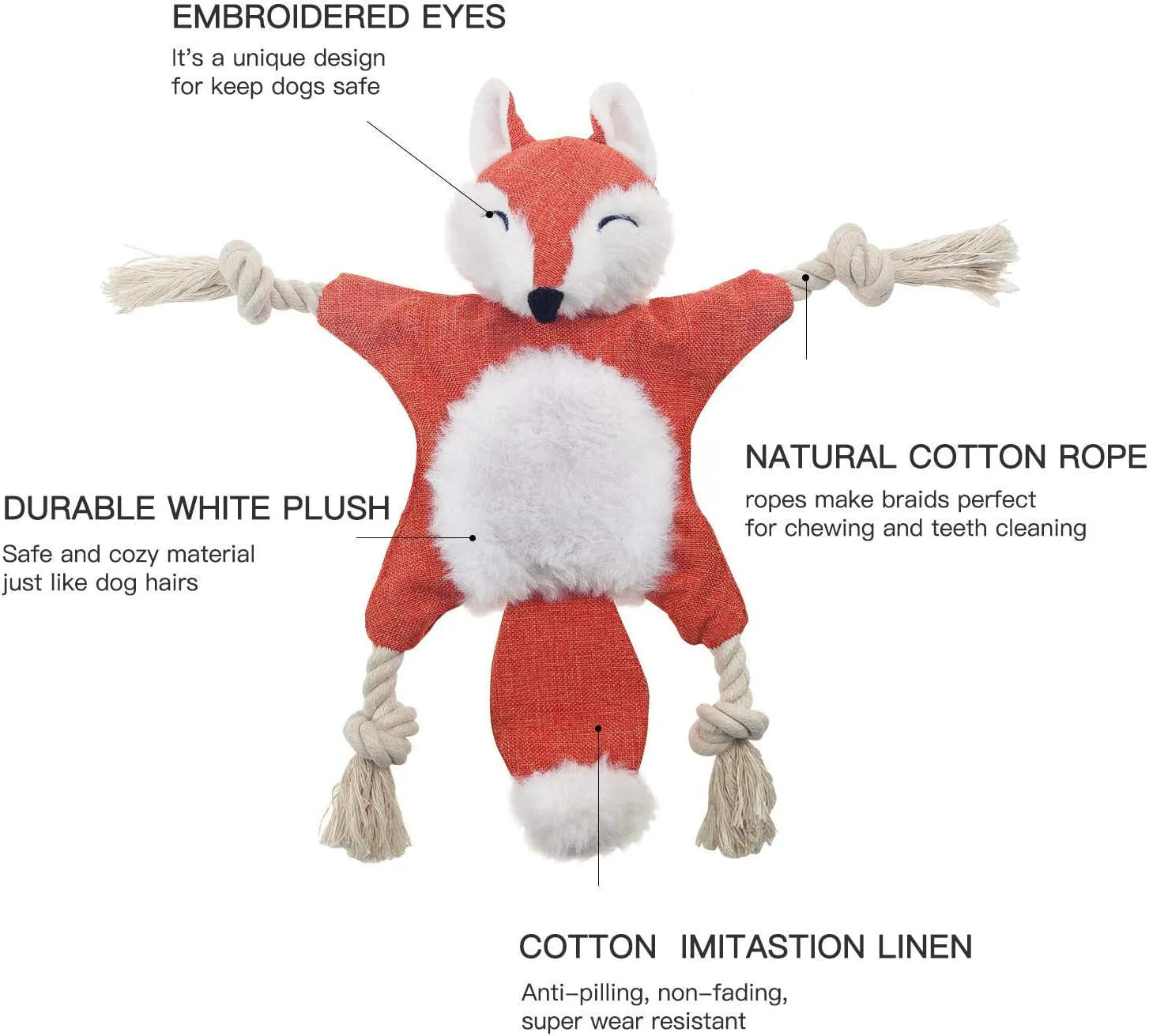 Brown fox dog toy with squeaker, crinkle paper, and cotton rope arms