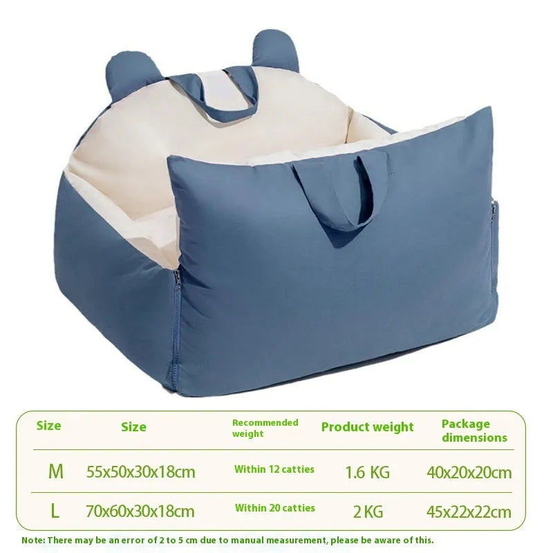 Four Seasons universal removable washable dog car kennel in blue beige colour showing M and L size options