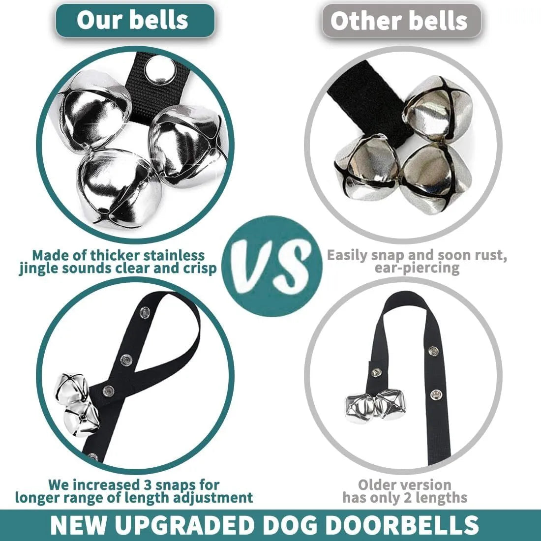 Silver metal dog training bells on an adjustable black nylon strap hanging on a door.