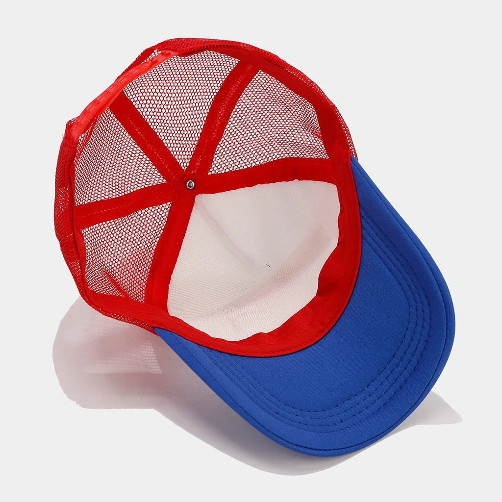 Red and blue contrast adjustable baseball cap with breathable mesh fabric.
