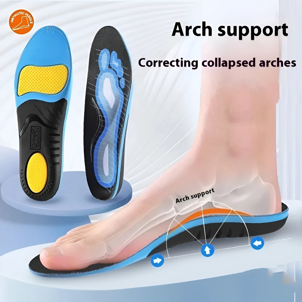 Blue and green flat foot correction insoles made from PU material showing size ranges 35-46.