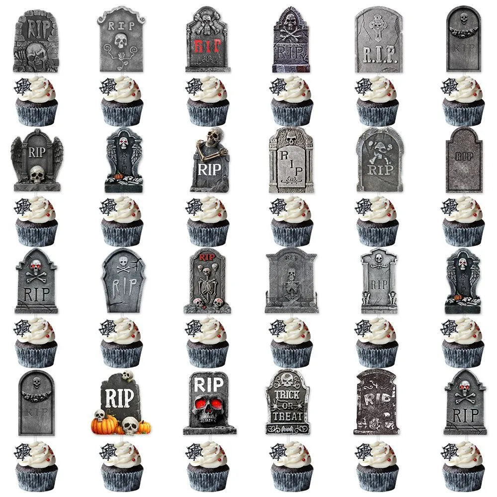 Halloween cake decoration flags, 12 paper tombstone-style small flags in Style 1 and Style 2