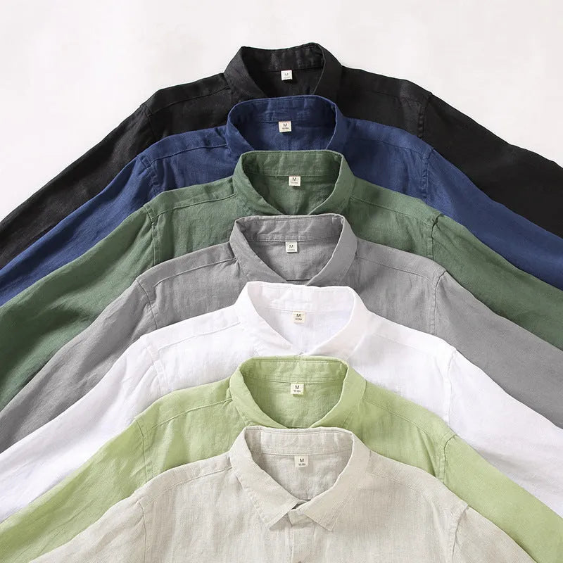 Long sleeve linen cardigan shirt in Chinese style, shown in a loose fit on a person.
