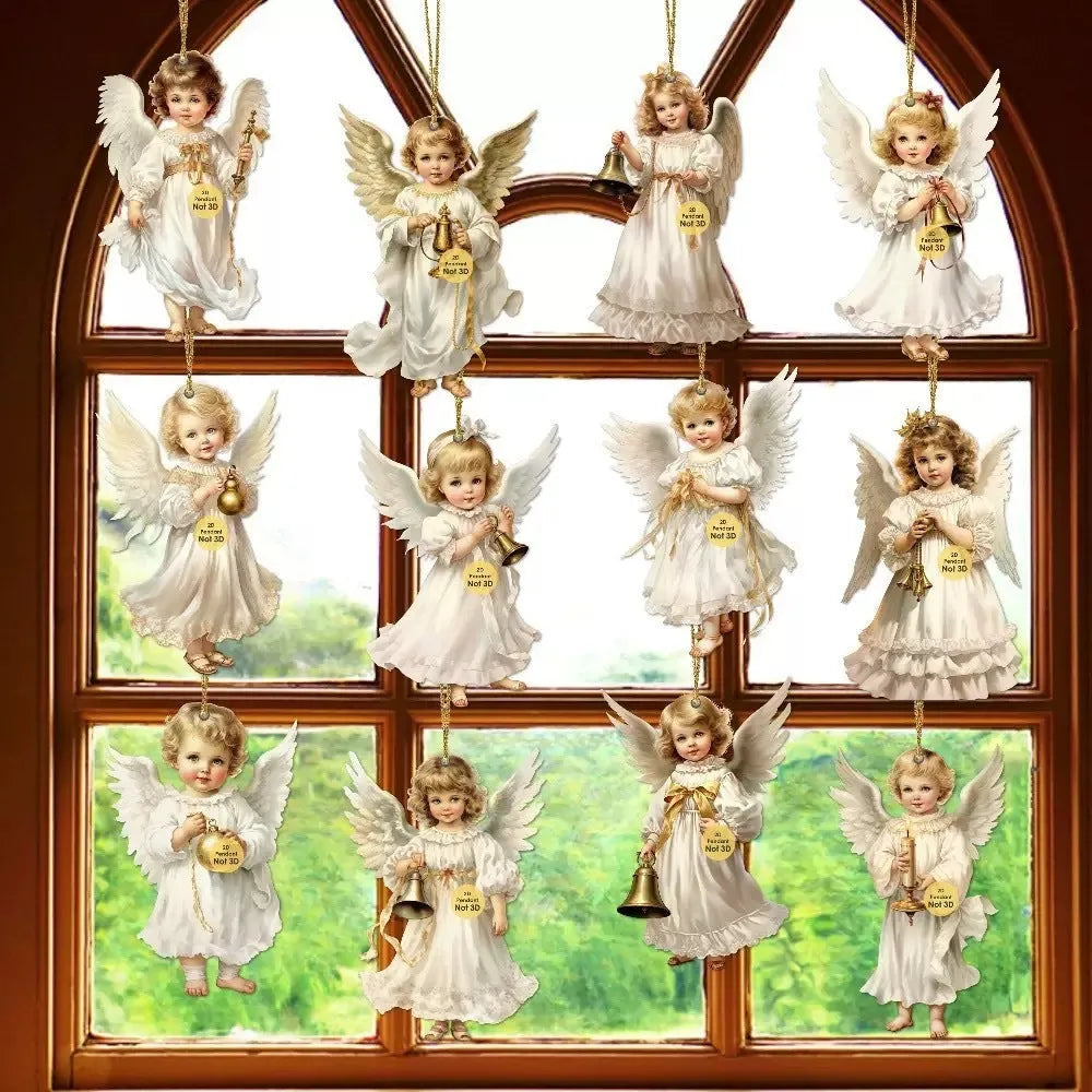 12-piece Victoria Angel wooden ornaments set in natural wood colour, density plate pendants for Christmas and party decoration