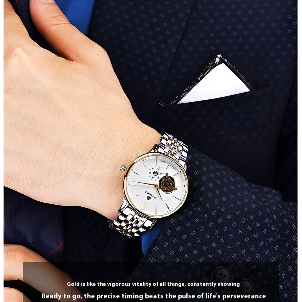 Men's automatic mechanical business watch with brown leather strap and stainless steel case