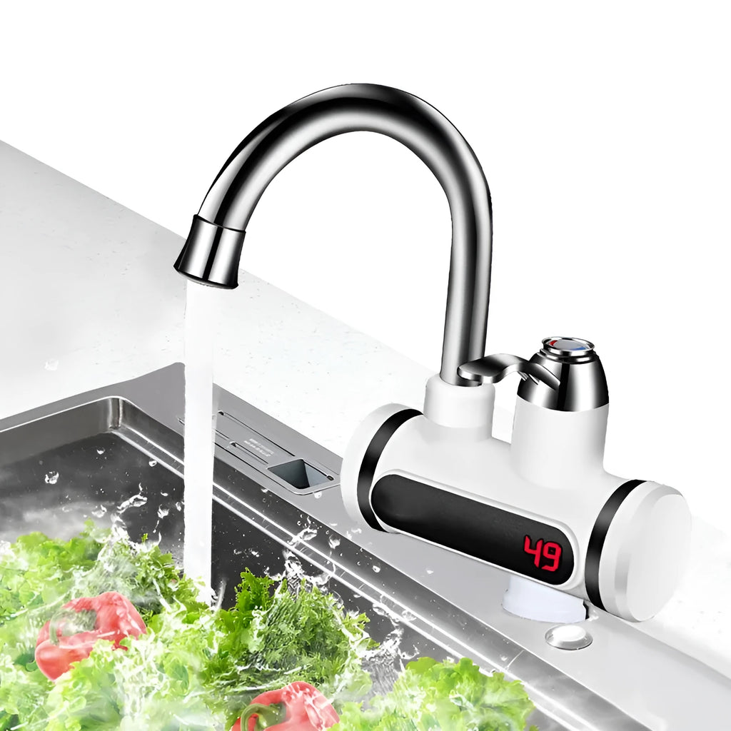 White electric water heater tap with digital temperature display showing instant hot water capability
