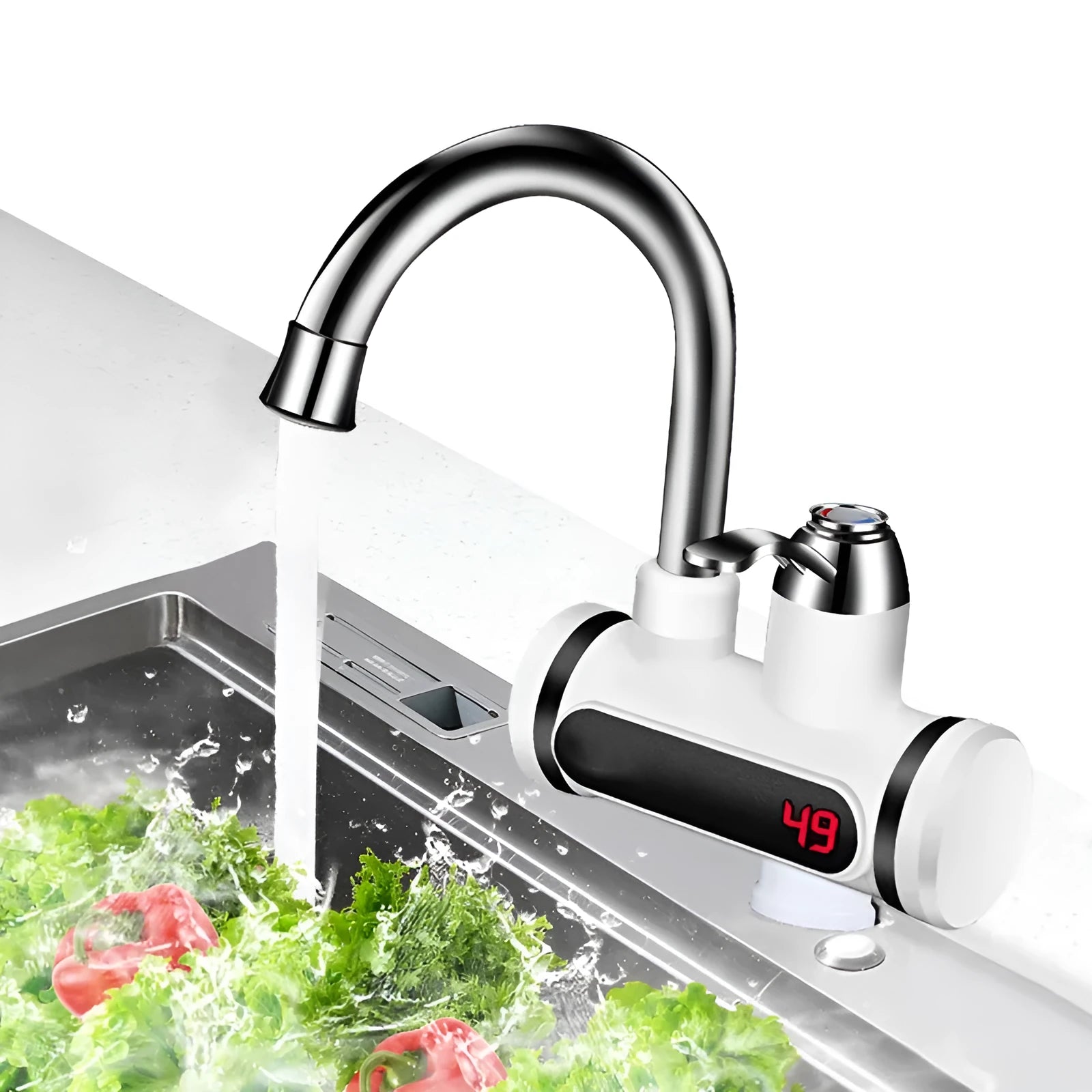 White electric water heater tap with digital temperature display showing instant hot water capability