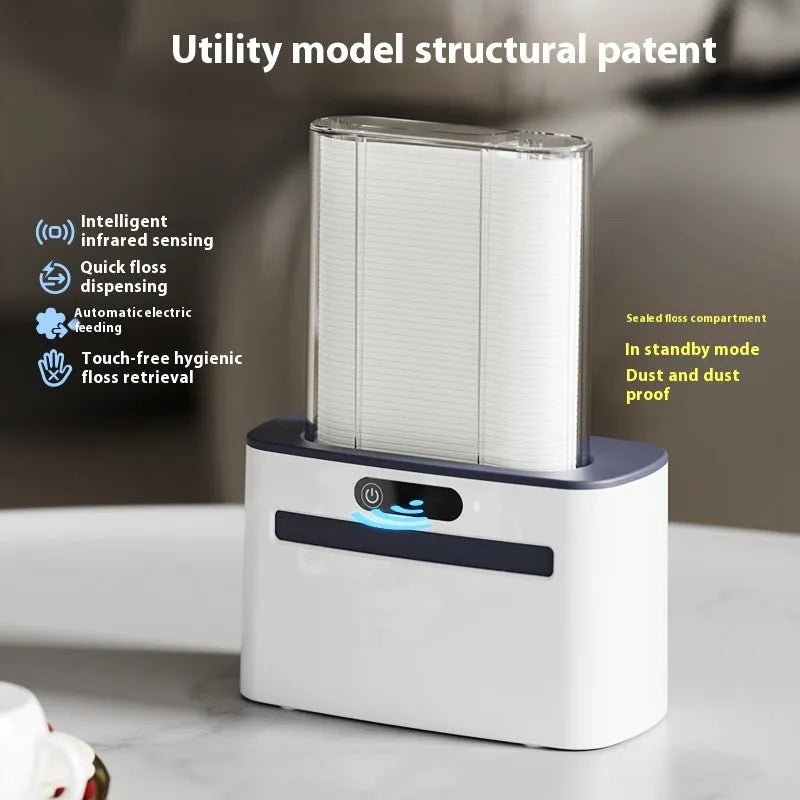 Intelligent induction automatic dental floss box in dark grey, light grey, or gold, showing floss pick dispensed.