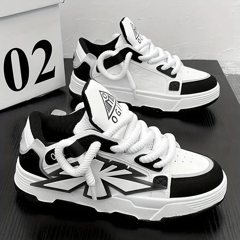 Men's white thick bottom chunky sneakers with lace-up front and round toe.