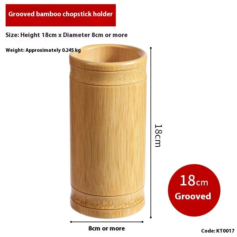 Natural wild bamboo chopsticks holder tube for kitchen organisation on a wooden surface.