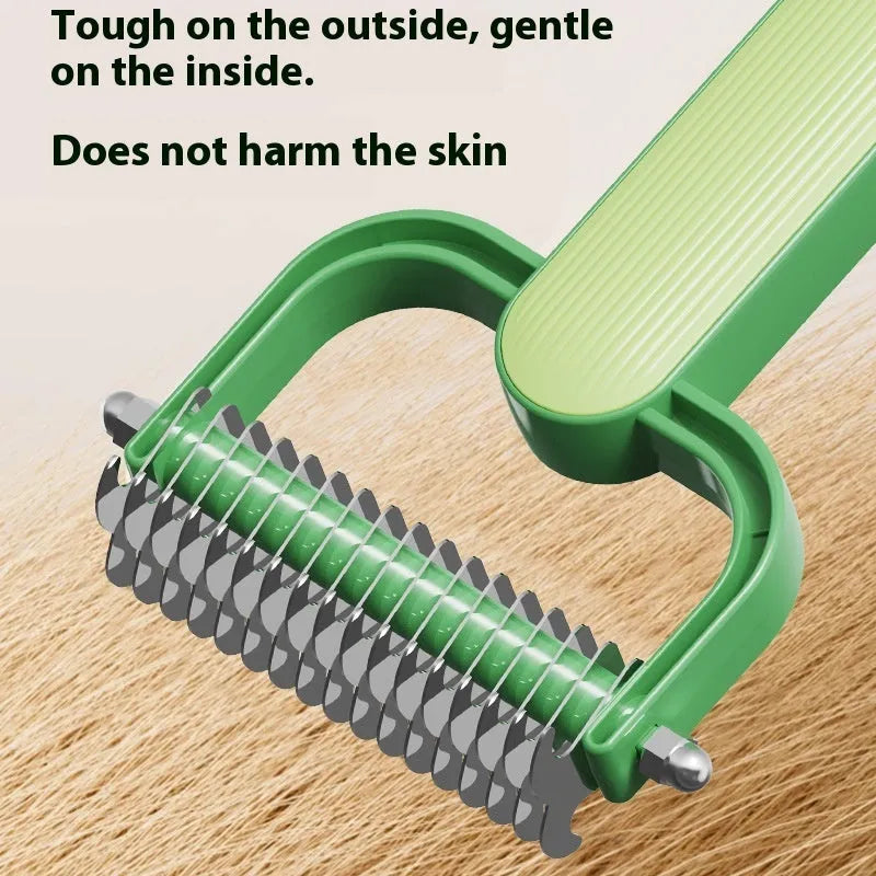 Green and grey pet hair unknotting comb for dogs with stainless steel teeth on a plastic handle.