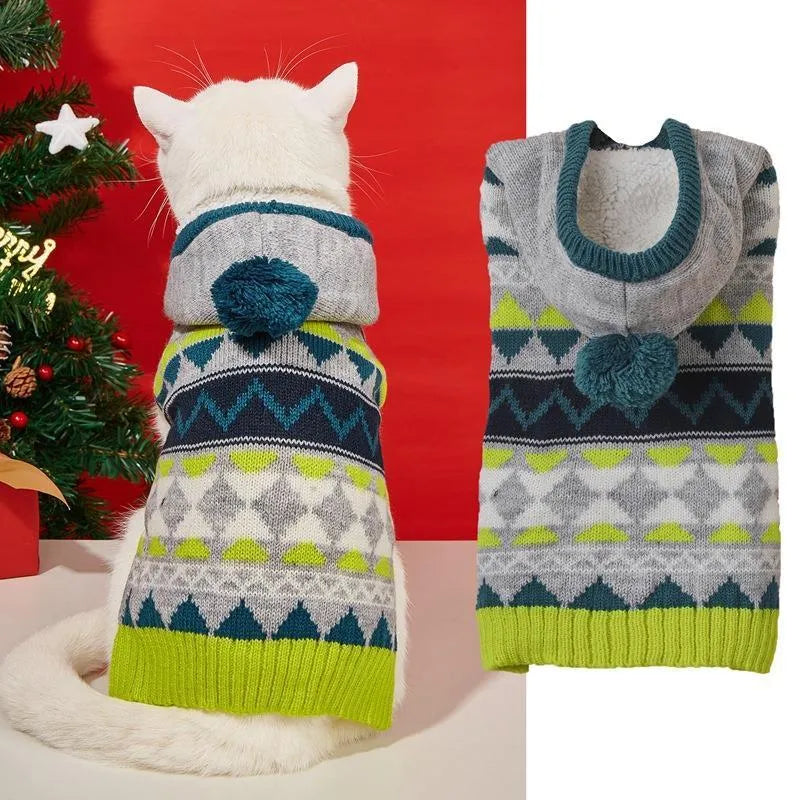 Green diamond pattern pet sweater on dog showing ribbed knitting and classic design