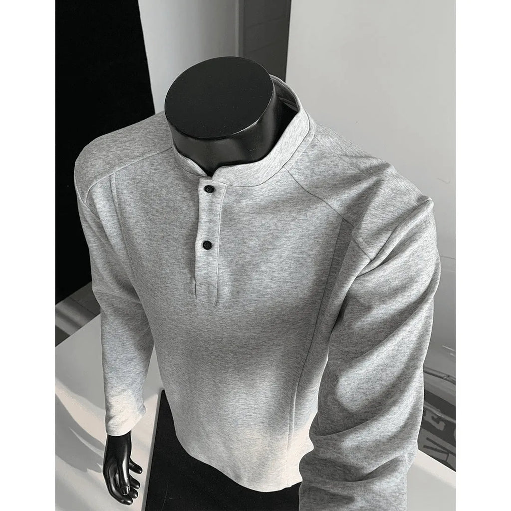 Men's patchwork stand-up collar shoulder polo shirt in Chinese cotton with asymmetric design