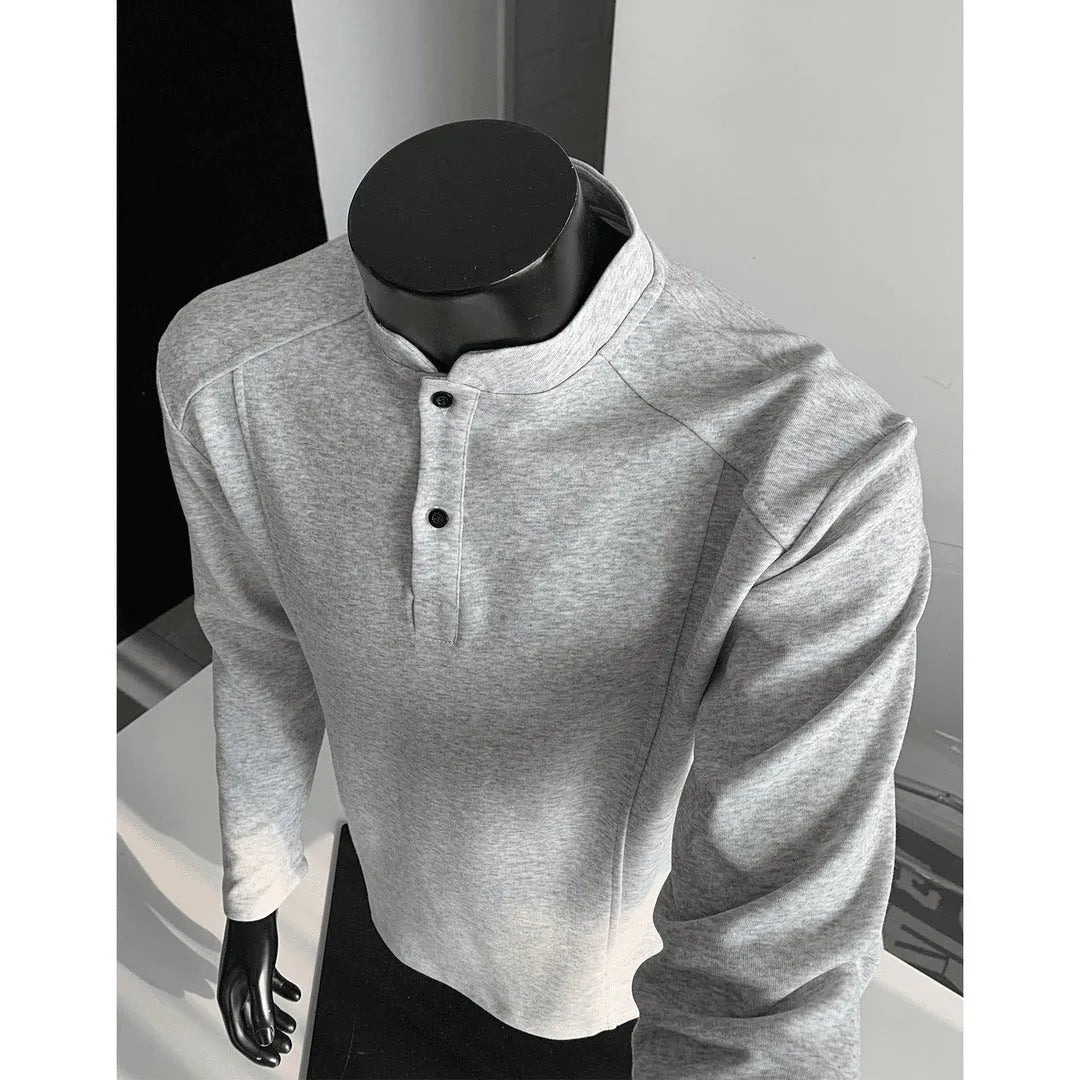 Men's patchwork stand-up collar shoulder polo shirt in Chinese cotton with asymmetric design