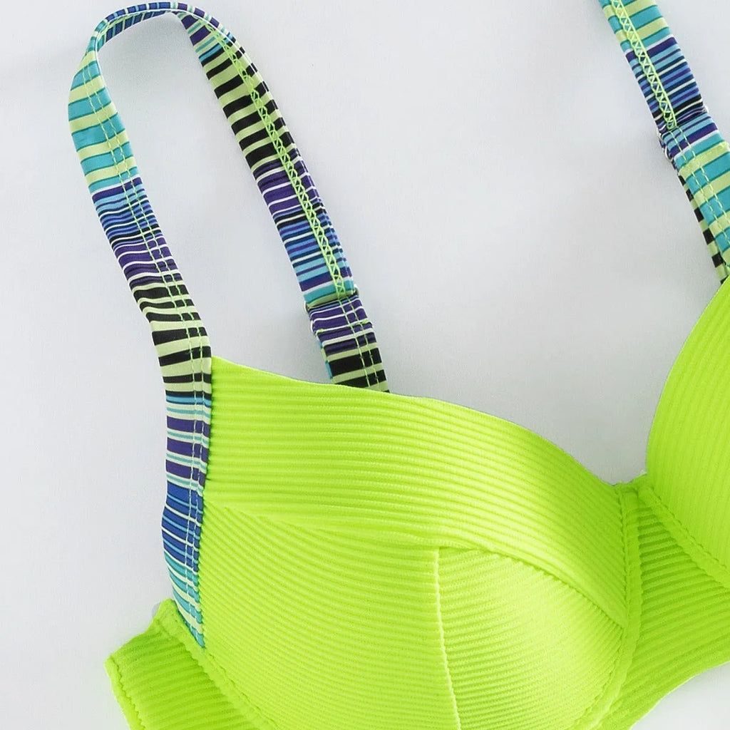 Women's green printed halter bikini set with split briefs swimwear