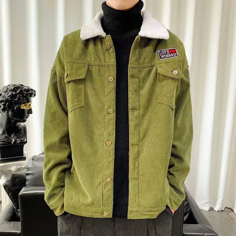Men's loose fit corduroy workwear jacket in khaki with stick pockets