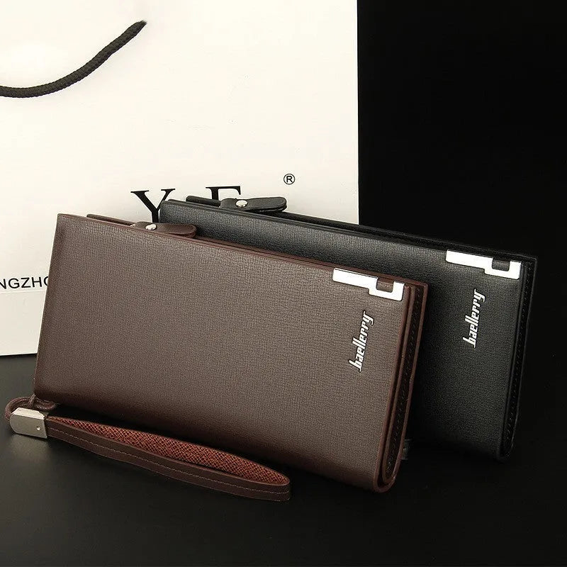 Men's long zipper wallet in black PU leather showing waterproof wear-resistant construction