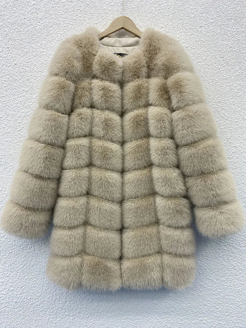 Women's thick warm artificial fur coat in apricot colour with regular sleeves and 80cm length