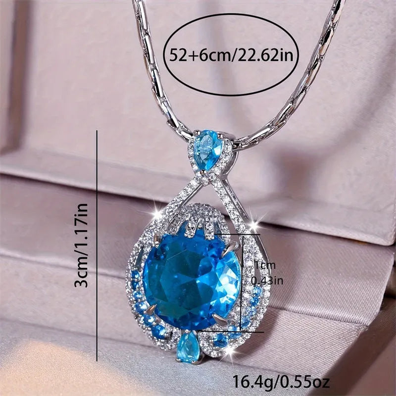Blue crystal fireworks cut geometric pendant necklace on water wave chain for women
