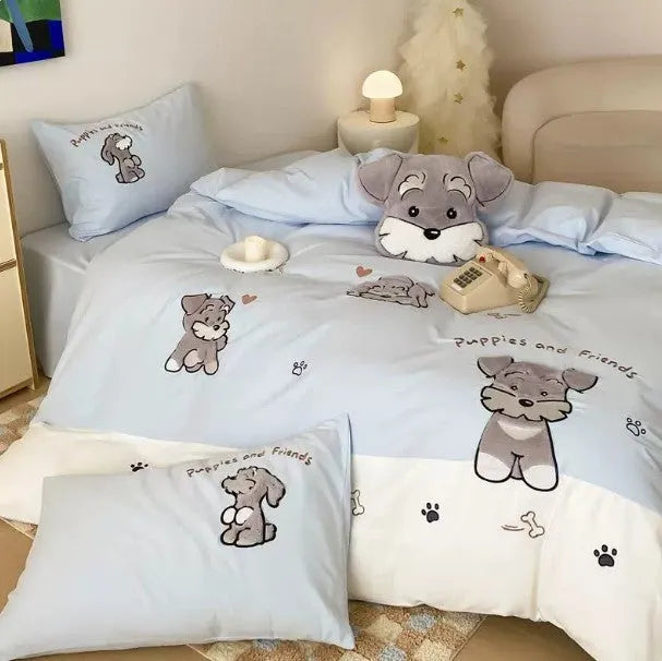 Cute Schnauzer cartoon design cotton bedding set with embroidery details showing quilt cover, sheet, and pillowcase