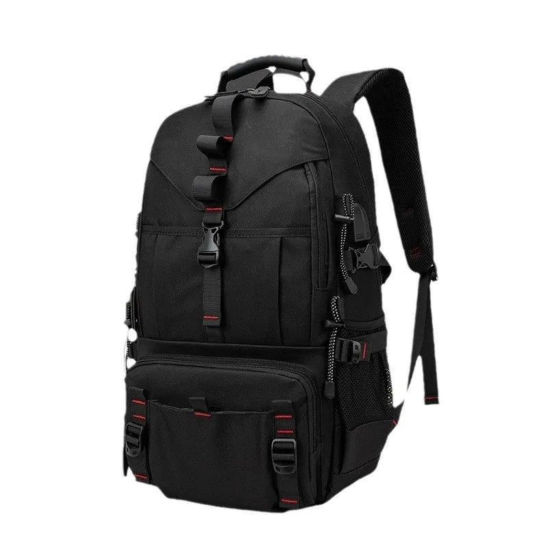 Men's black waterproof Oxford cloth hiking backpack with air pillow belt system and 56-75L capacity