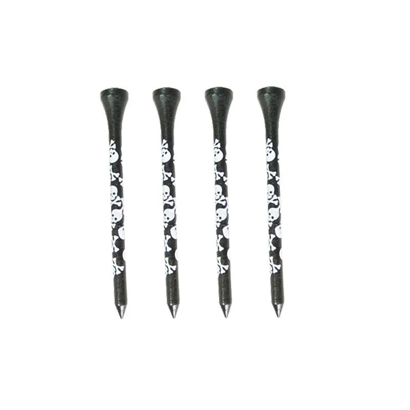 Black bamboo golf dowel pins with skull print in 70mm and 83mm sizes, 10-piece pack