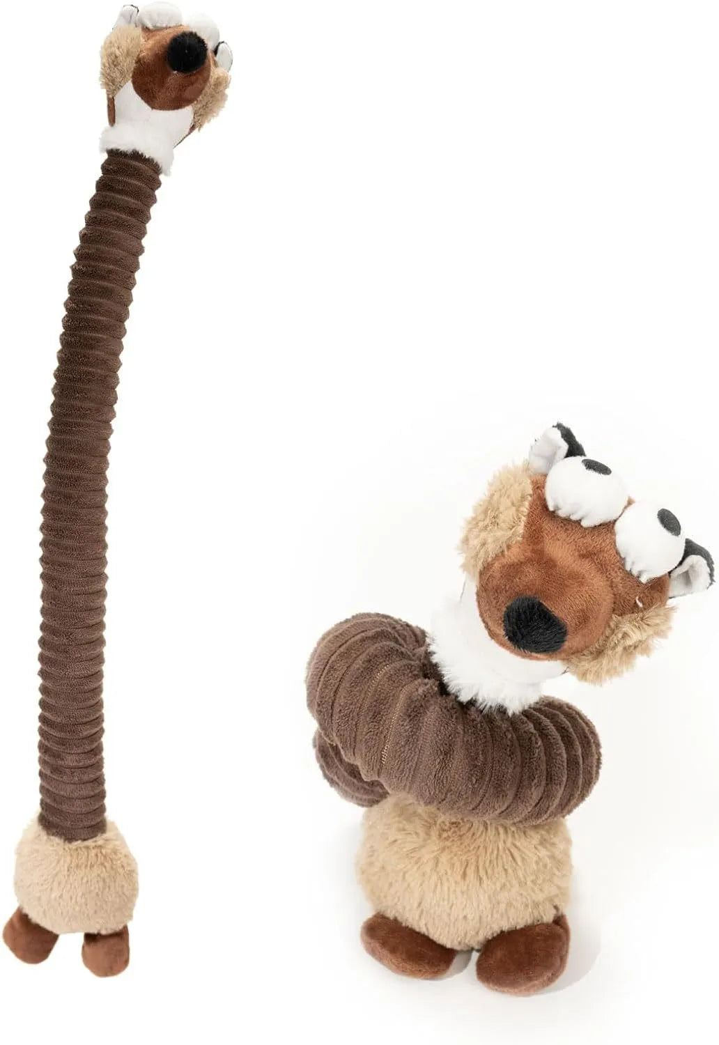 Brown, grey, and yellow plush dog toys with a foldable design for squeaky and crinkle play.