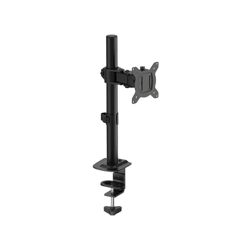 Black computer monitor lifting rotating bracket mounted on a desk, holding a widescreen display.