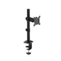 Black computer monitor lifting rotating bracket mounted on a desk, holding a widescreen display.