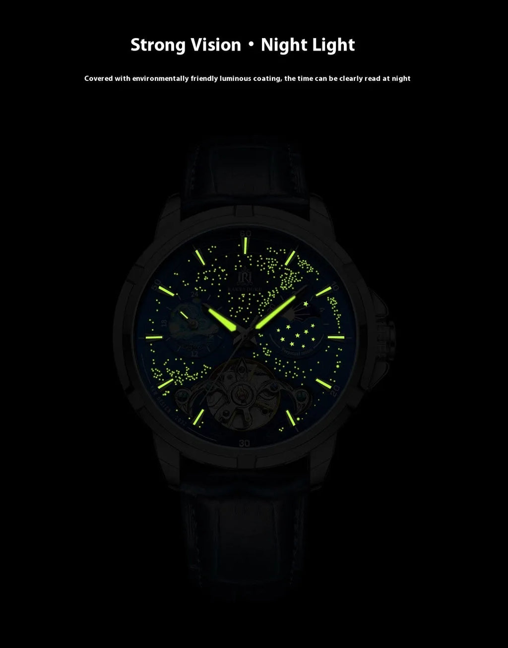 Men's blue dial automatic mechanical watch with stainless steel case, side view showing 14mm thickness.