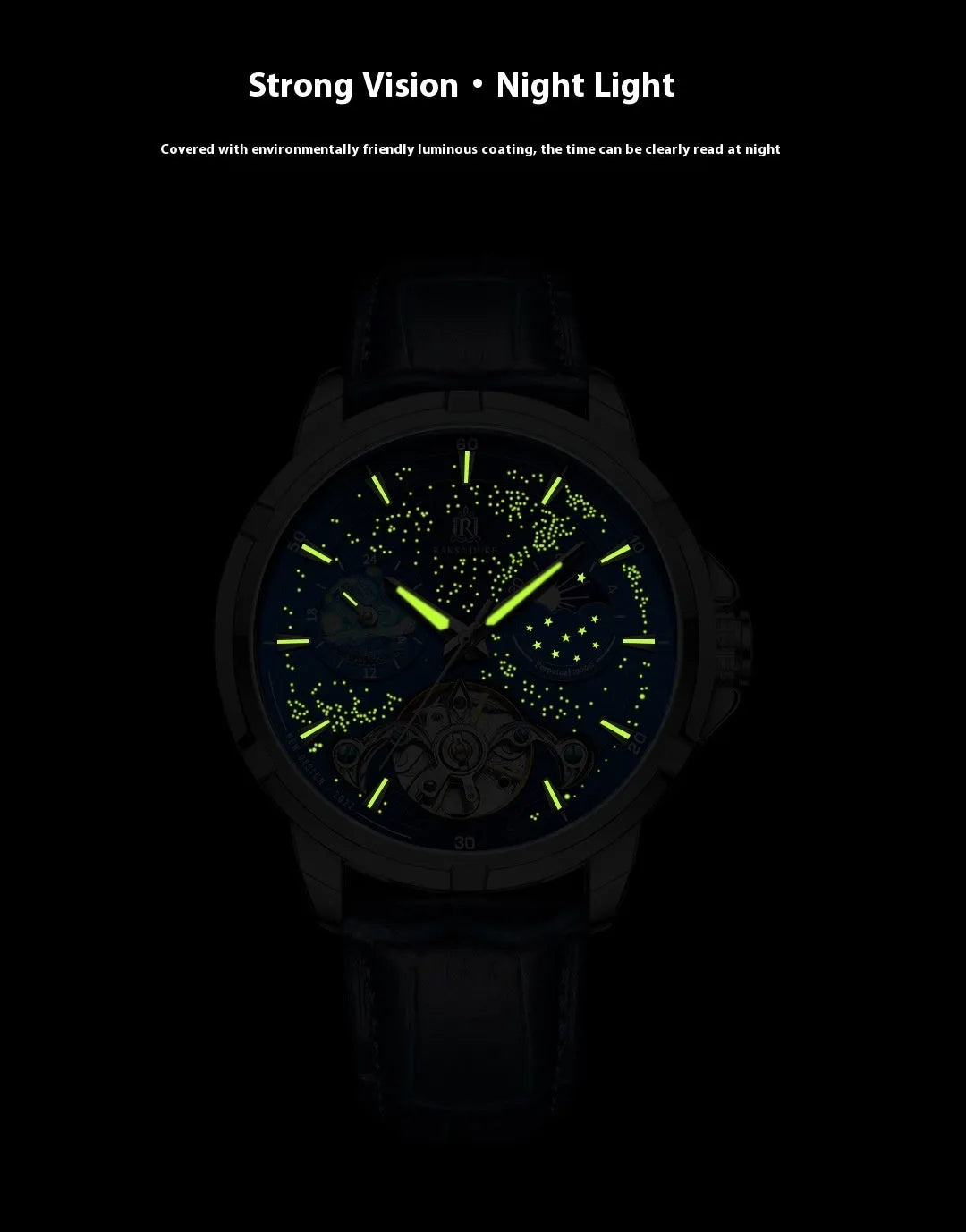 Men's blue dial automatic mechanical watch with stainless steel case, side view showing 14mm thickness.