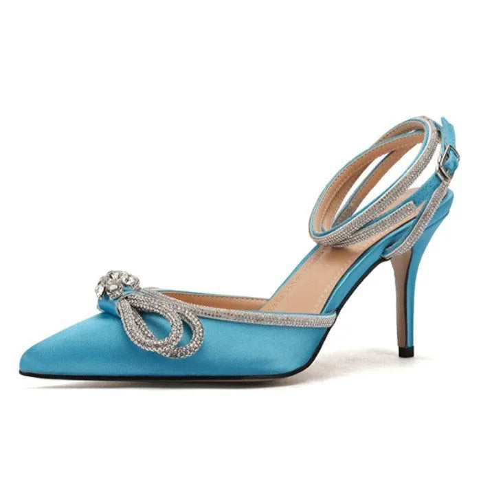 Women's black stiletto sandals with silk bandage back and silver buckle on instep