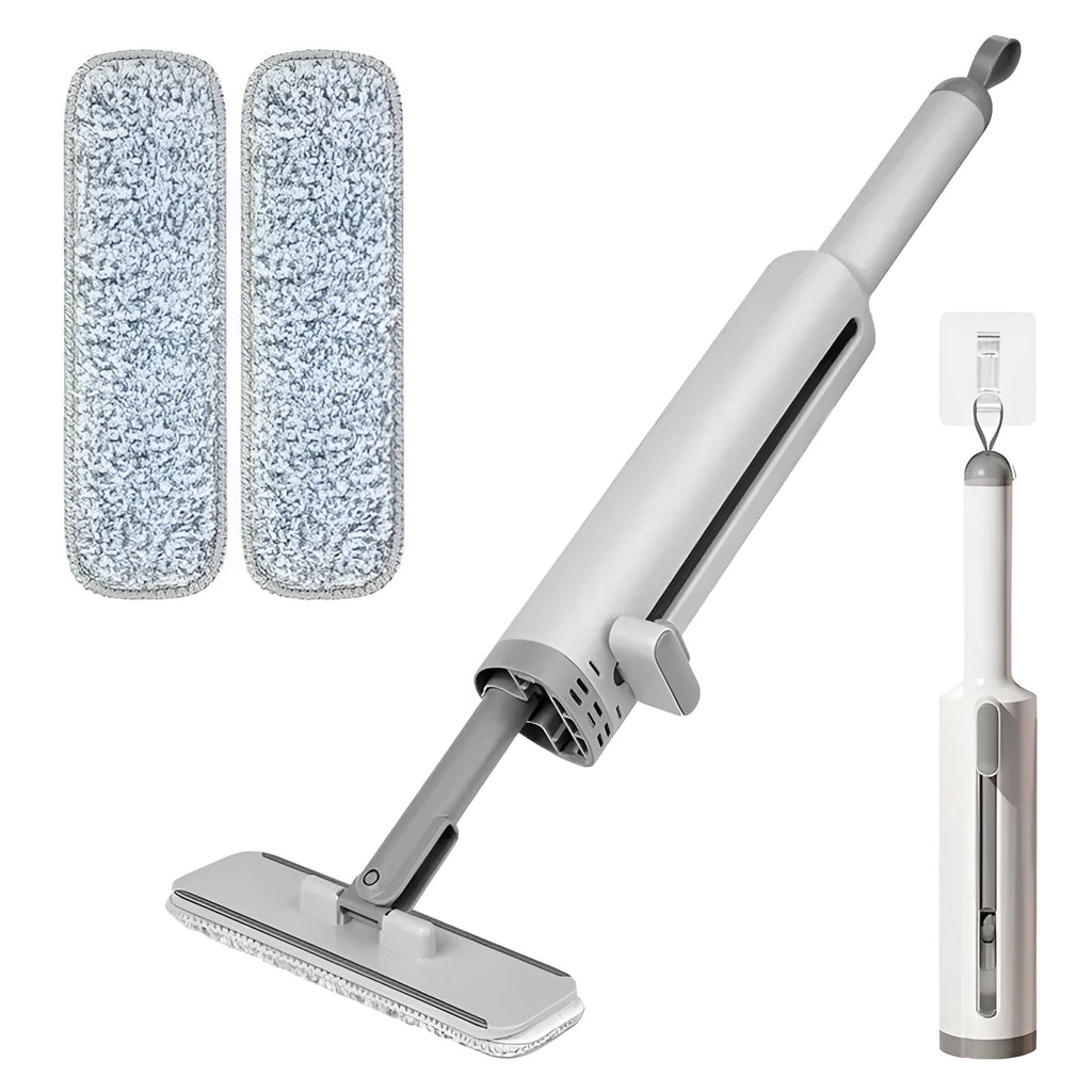 Rotatable self-squeeze mini mop with reusable microfiber pads and crevice brush for wet dry floor cleaning