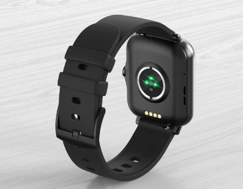 Blue smart watch with 1.7-inch touch screen showing fitness data on wrist
