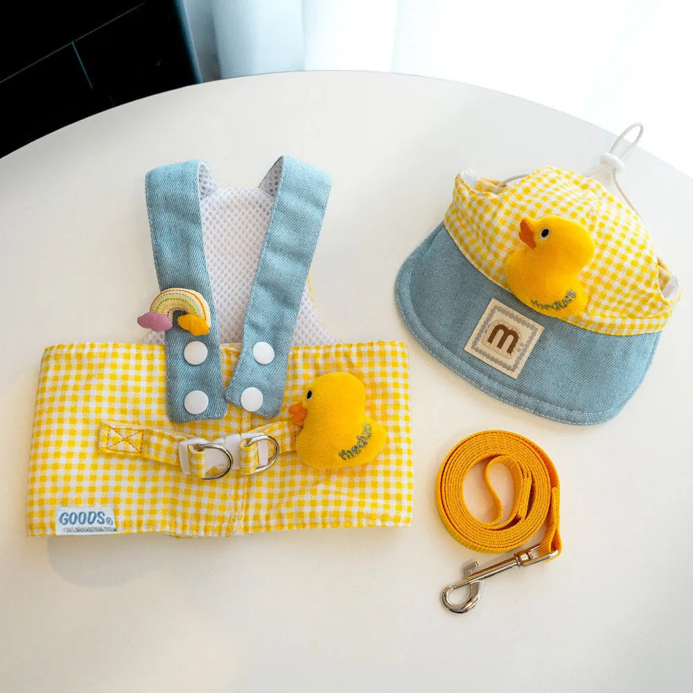 Pet harness and leash set with wire rope pulling components and cute hat cat clothes outfit