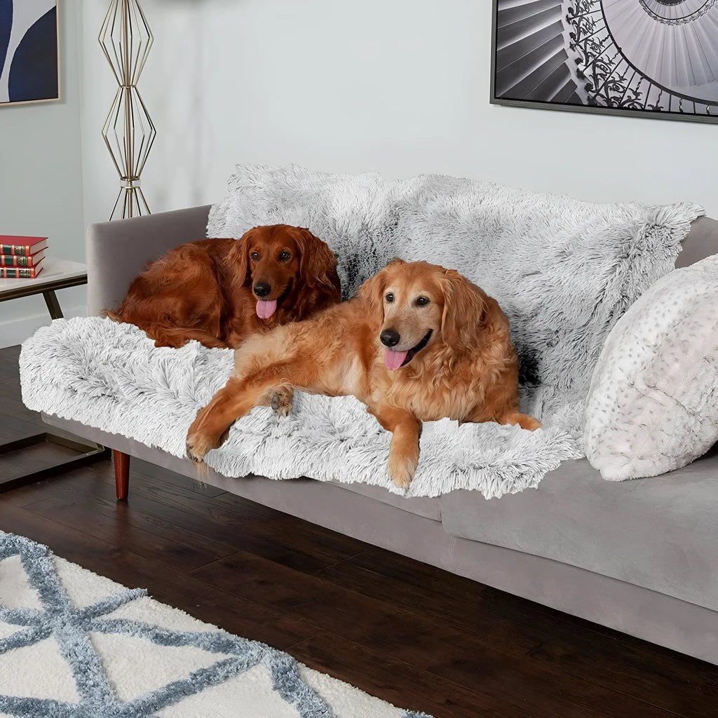 Plush waterproof dog cushion in dark grey, showing double layer thickened design for pet bedding.
