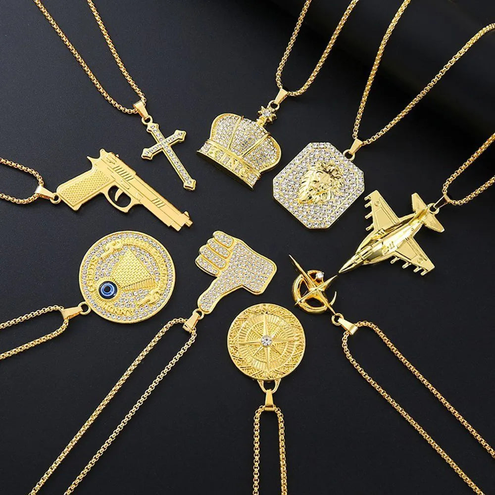 Gold-coloured geometric necklace with zircon detailing on alloy pendant for women