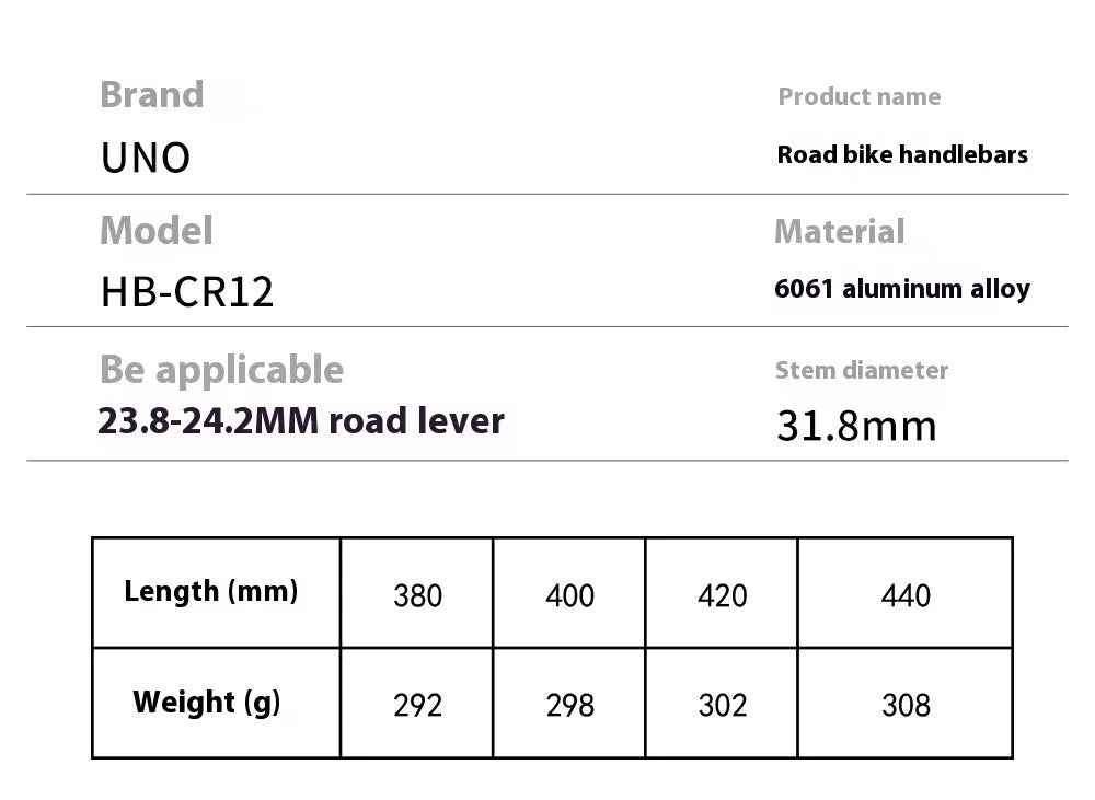 UNO black aluminium alloy road bike drop handlebar with 31.8mm clamp, showing small bend design