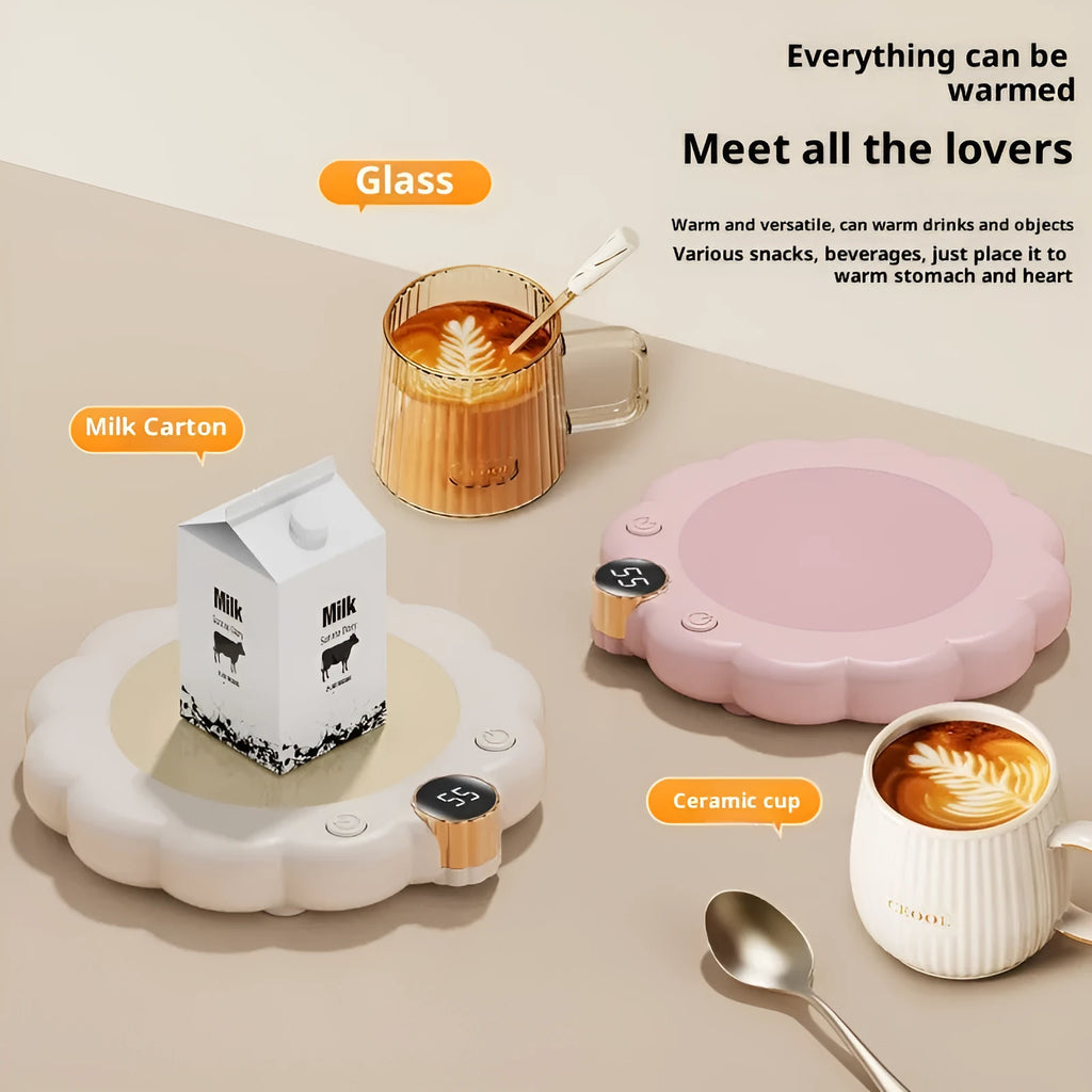 Plug-in thermal cup pad in white or pink with 20W rated power, three gears, and push-button control on a desk.