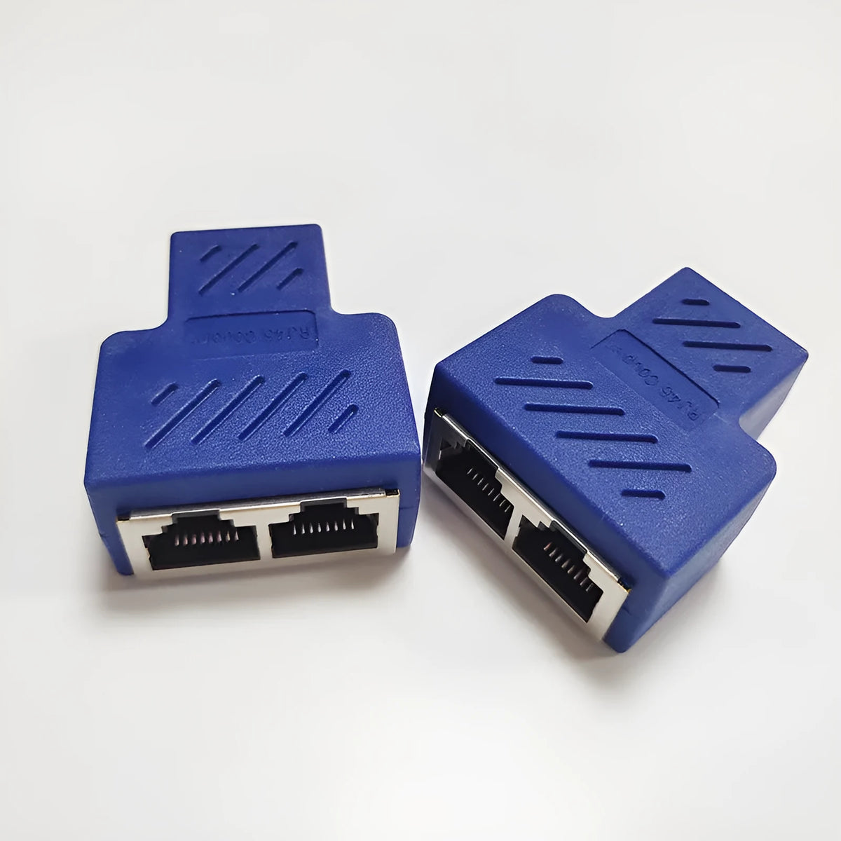 RJ45 network splitter adapter in five colour options showing three-way tee design