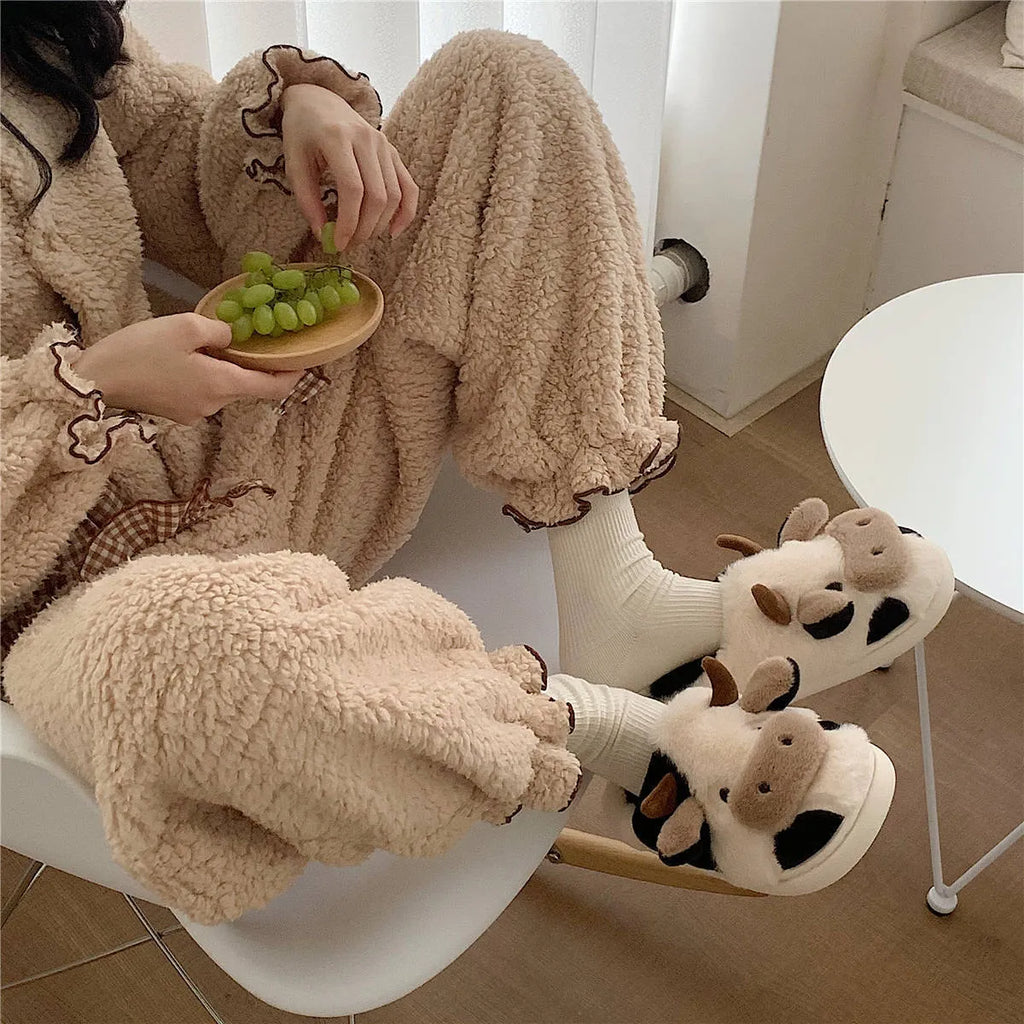 Women's white cartoon cow slippers with fluffy faux fur and anti-slip textured soles