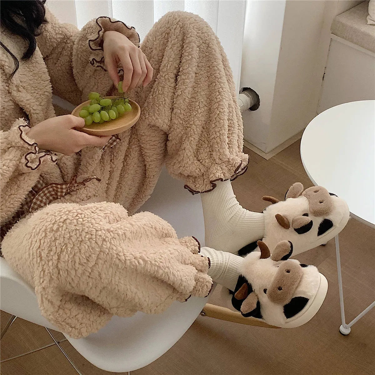 Women's white cartoon cow slippers with fluffy faux fur and anti-slip textured soles