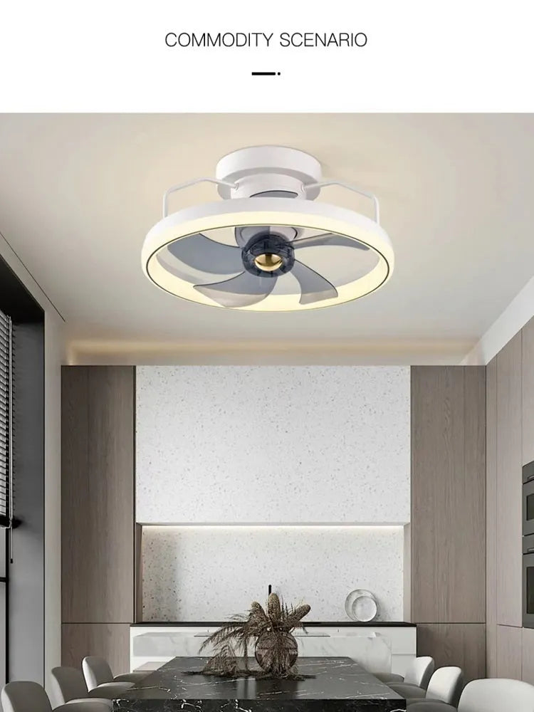 Modern ceiling fan with integrated light showing 500mm diameter PC blades and acrylic lampshade in neutral colour